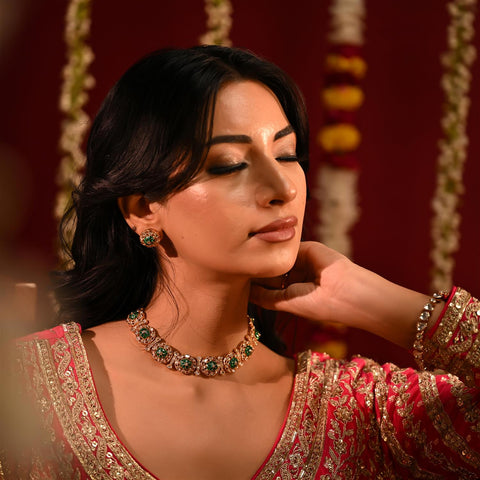 Gold Plated Kundan CZ Green Red Choker Classic Necklace Set With Stud Earring