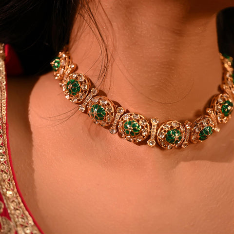 Gold Plated Kundan CZ Green Red Choker Classic Necklace Set With Stud Earring