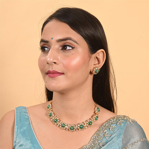 Gold Plated Kundan CZ Green Red Choker Classic Necklace Set With Stud Earring