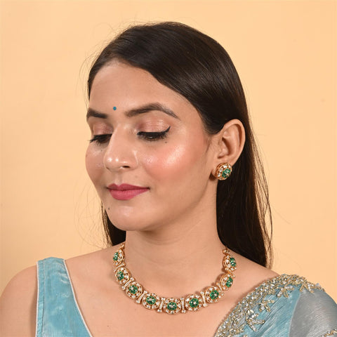 Gold Plated Kundan CZ Green Red Choker Classic Necklace Set With Stud Earring