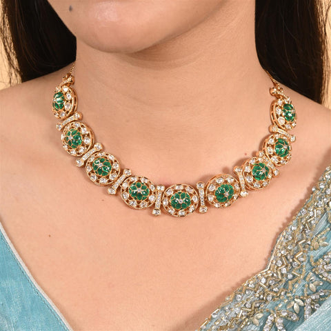Gold Plated Kundan CZ Green Red Choker Classic Necklace Set With Stud Earring