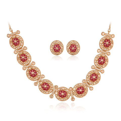Gold Plated Kundan CZ Green Red Choker Classic Necklace Set With Stud Earring