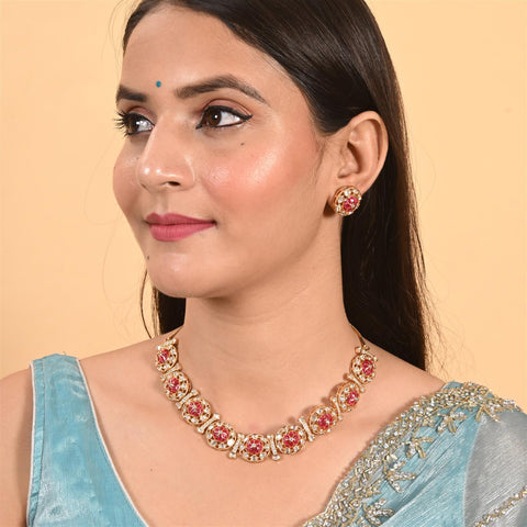 Gold Plated Kundan CZ Green Red Choker Classic Necklace Set With Stud Earring