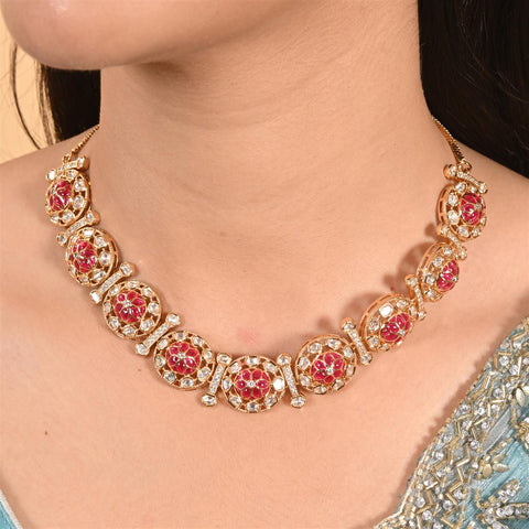 Gold Plated Kundan CZ Green Red Choker Classic Necklace Set With Stud Earring