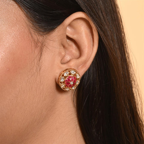 Gold Plated Kundan CZ Green Red Choker Classic Necklace Set With Stud Earring