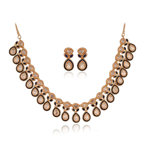 Gold Plated Kundan CZ Red Blue Enamel Classic Necklace Set With Drop Earring