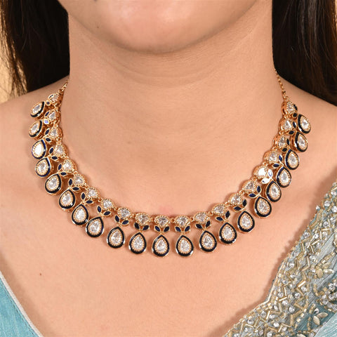 Gold Plated Kundan CZ Red Blue Enamel Classic Necklace Set With Drop Earring