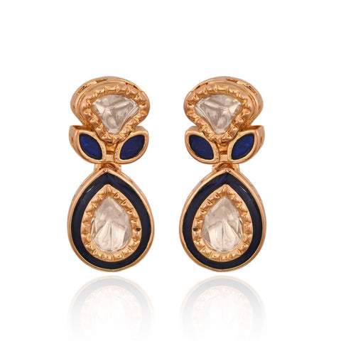 Gold Plated Kundan CZ Red Blue Enamel Classic Necklace Set With Drop Earring