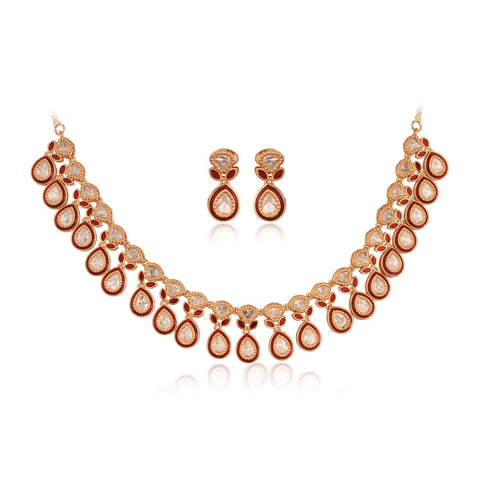 Gold Plated Kundan CZ Red Blue Enamel Classic Necklace Set With Drop Earring