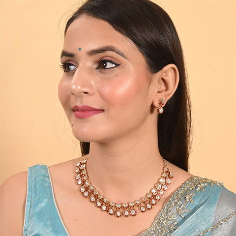 Gold Plated Kundan CZ Red Blue Enamel Classic Necklace Set With Drop Earring