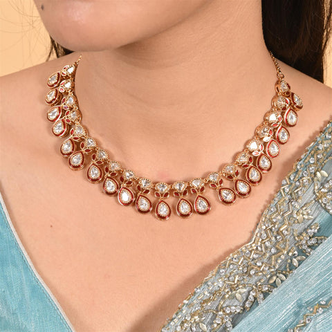Gold Plated Kundan CZ Red Blue Enamel Classic Necklace Set With Drop Earring