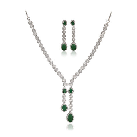 Amara White CZ Silver Plated Red Green Drop Statement Necklace Set with Earring