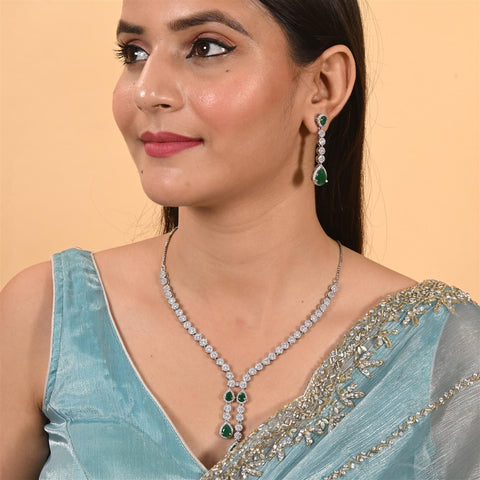 Amara White CZ Silver Plated Red Green Drop Statement Necklace Set with Earring