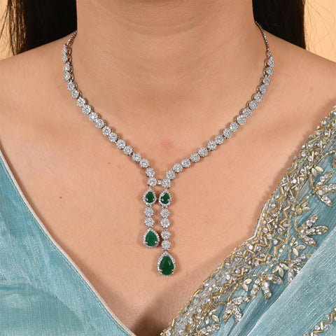 Amara White CZ Silver Plated Red Green Drop Statement Necklace Set with Earring