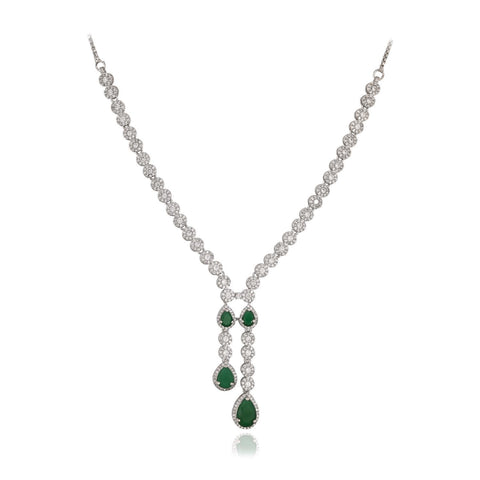 Amara White CZ Silver Plated Red Green Drop Statement Necklace Set with Earring