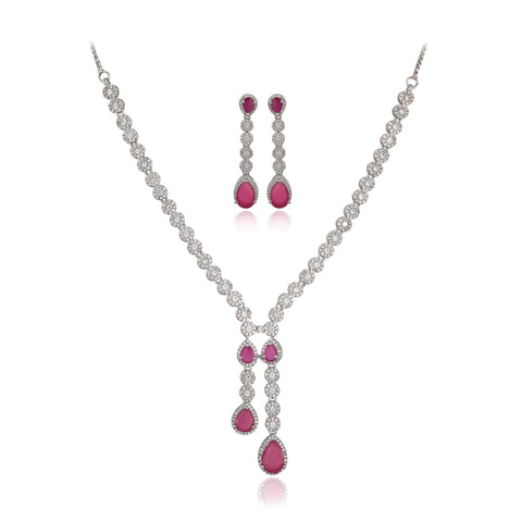 Amara White CZ Silver Plated Red Green Drop Statement Necklace Set with Earring