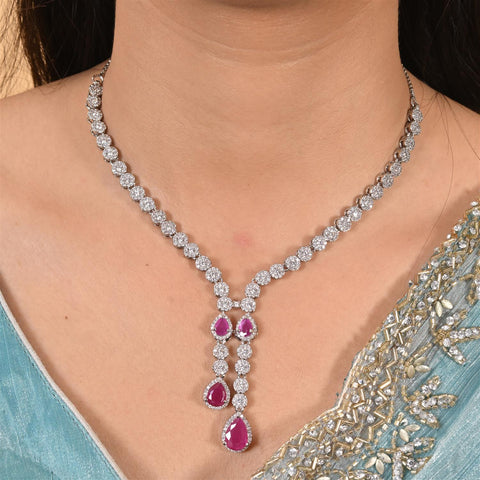 Amara White CZ Silver Plated Red Green Drop Statement Necklace Set with Earring