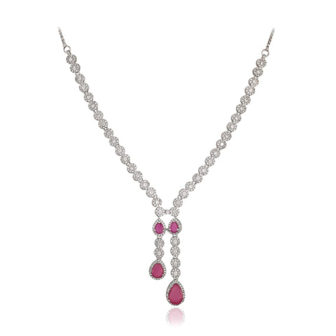 Amara White CZ Silver Plated Red Green Drop Statement Necklace Set with Earring