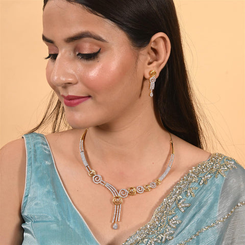 Gold Silver Plated White American Diamond CZ Traditional Wedding Necklace Set With Earring