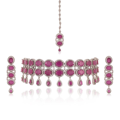 Silver Plated American Diamond CZ Choker 2 line Celebrity Wedding Necklace Set With Earring & Tika