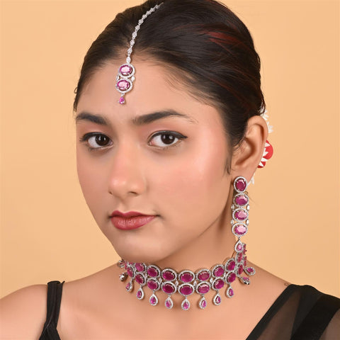 Silver Plated American Diamond CZ Choker 2 line Celebrity Wedding Necklace Set With Earring & Tika