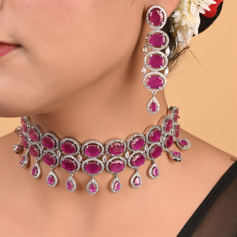 Silver Plated American Diamond CZ Choker 2 line Celebrity Wedding Necklace Set With Earring & Tika