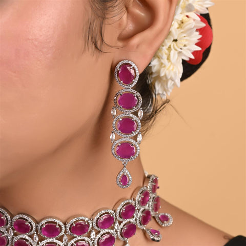 Silver Plated American Diamond CZ Choker 2 line Celebrity Wedding Necklace Set With Earring & Tika