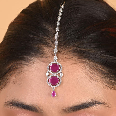 Silver Plated American Diamond CZ Choker 2 line Celebrity Wedding Necklace Set With Earring & Tika