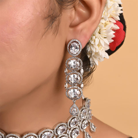 Silver Plated American Diamond CZ Choker 2 line Celebrity Wedding Necklace Set With Earring & Tika