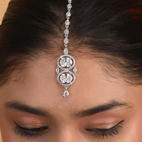 Silver Plated American Diamond CZ Choker 2 line Celebrity Wedding Necklace Set With Earring & Tika