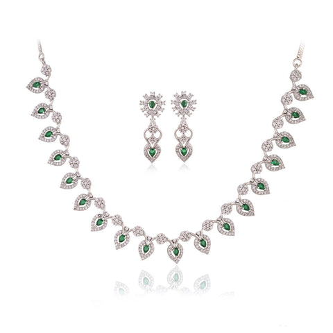 Silver Plated White American Diamond CZ Floral Wedding Necklace Set With Earring
