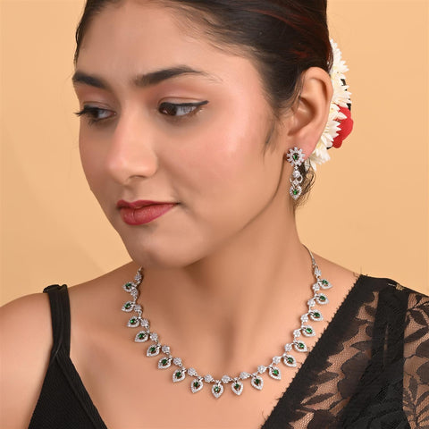 Silver Plated White American Diamond CZ Floral Wedding Necklace Set With Earring