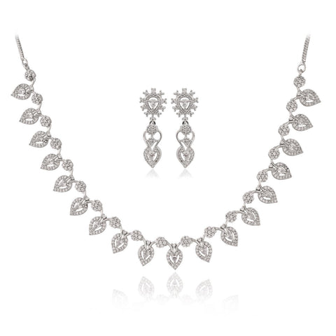 Silver Plated White American Diamond CZ Floral Wedding Necklace Set With Earring