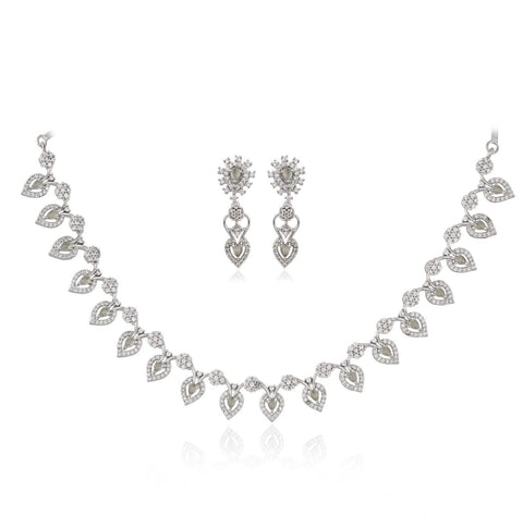 Silver Plated White American Diamond CZ Floral Wedding Necklace Set With Earring