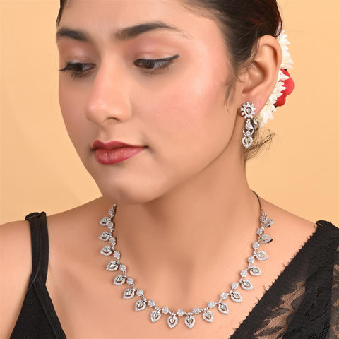 Silver Plated White American Diamond CZ Floral Wedding Necklace Set With Earring