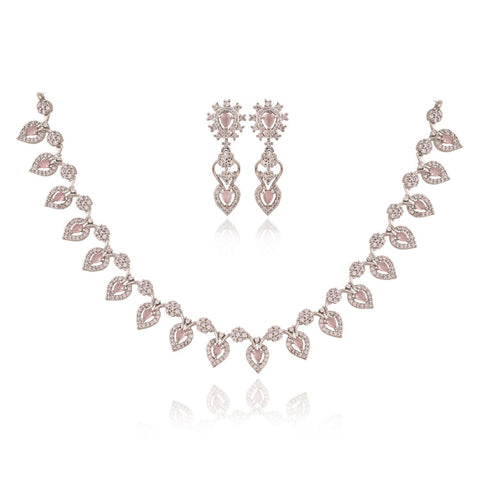 Silver Plated White American Diamond CZ Floral Wedding Necklace Set With Earring