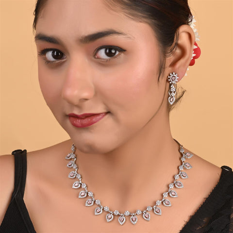 Silver Plated White American Diamond CZ Floral Wedding Necklace Set With Earring