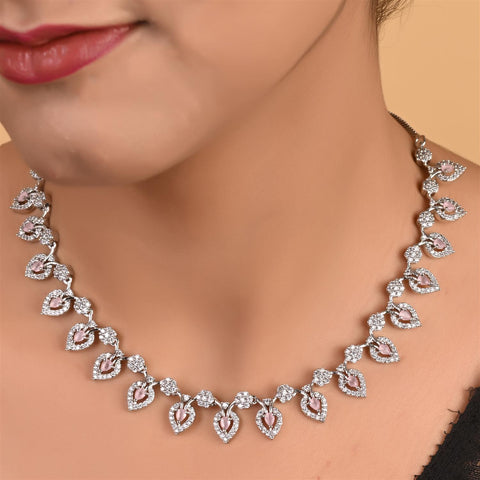 Silver Plated White American Diamond CZ Floral Wedding Necklace Set With Earring