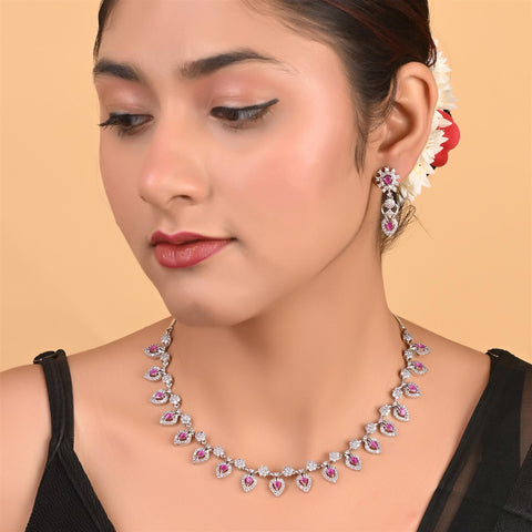 Silver Plated White American Diamond CZ Floral Wedding Necklace Set With Earring