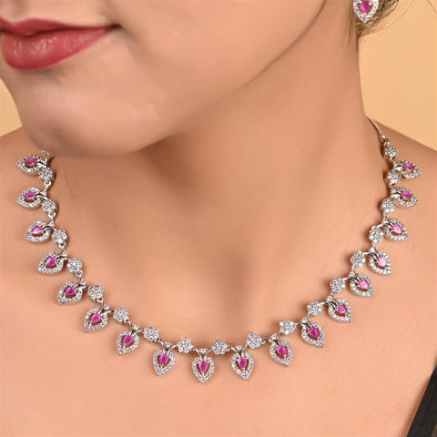 Silver Plated White American Diamond CZ Floral Wedding Necklace Set With Earring