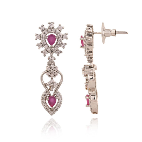 Silver Plated White American Diamond CZ Floral Wedding Necklace Set With Earring