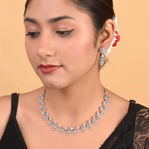 Silver Plated White American Diamond CZ Floral Wedding Necklace Set With Earring