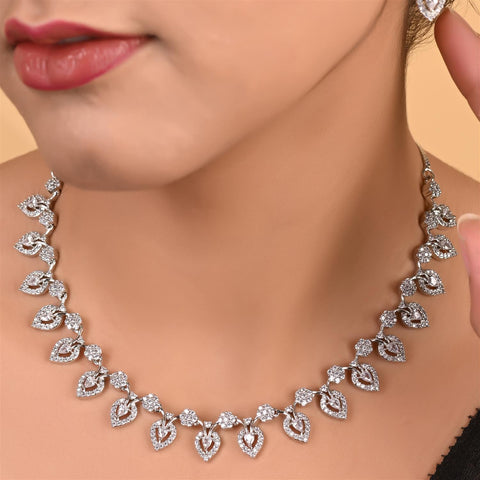 Silver Plated White American Diamond CZ Floral Wedding Necklace Set With Earring