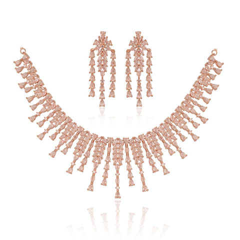 Silver Rose Gold Plated White American Diamond CZ Wedding Necklace Set With Earring