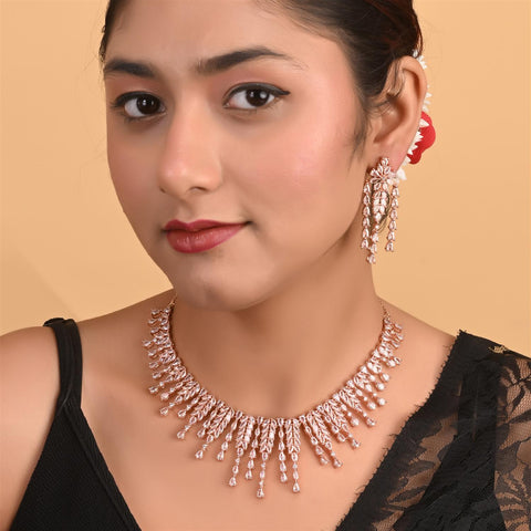 Silver Rose Gold Plated White American Diamond CZ Wedding Necklace Set With Earring