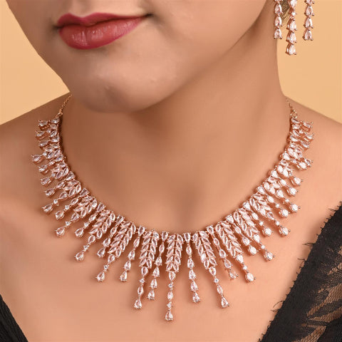 Silver Rose Gold Plated White American Diamond CZ Wedding Necklace Set With Earring