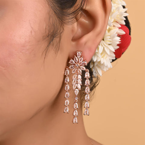 Silver Rose Gold Plated White American Diamond CZ Wedding Necklace Set With Earring