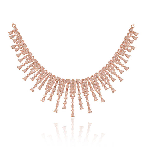 Silver Rose Gold Plated White American Diamond CZ Wedding Necklace Set With Earring