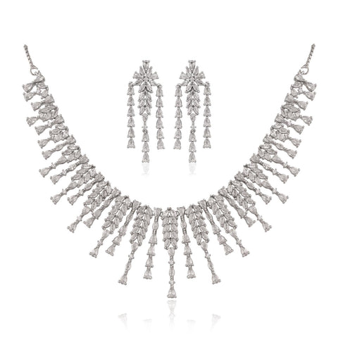 Silver Rose Gold Plated White American Diamond CZ Wedding Necklace Set With Earring