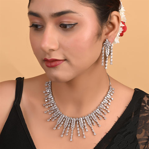 Silver Rose Gold Plated White American Diamond CZ Wedding Necklace Set With Earring